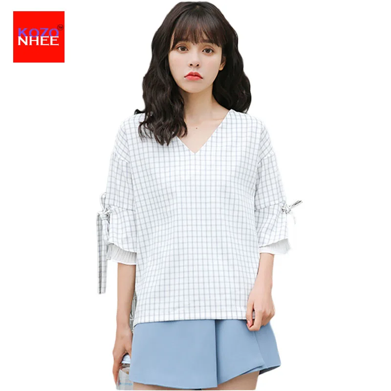 Ladies Office Autumn Women Blouses and Tops Black Gingham