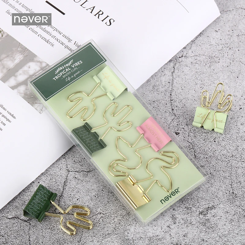 NEVER Plant Series Flamingo Cactus shape metal paper clips kit stationery cute binder clip for notebook office school supplies