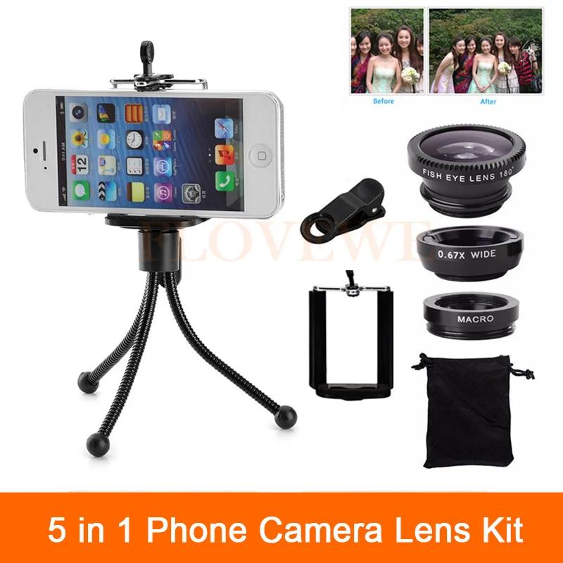 5in1 Phone Camera Lenses Kit Fisheye Fish Eye Wide Angle Macro Lentes For iPhone 6 6s 1