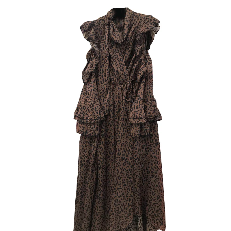 TWOTWINSTYLE леопардовые женские платья для женщин с открытыми плечами расклешенными рукавами асимметричный подол спинки оборками платье винтажная одежда - Цвет: Coffee Dress