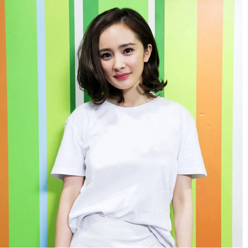

Yang Mi Gao Yuanyuan Star Same T-shirt Short-sleeved Summer 2019 New Round-collar White Pure Cotton 100-lap Shirt Women
