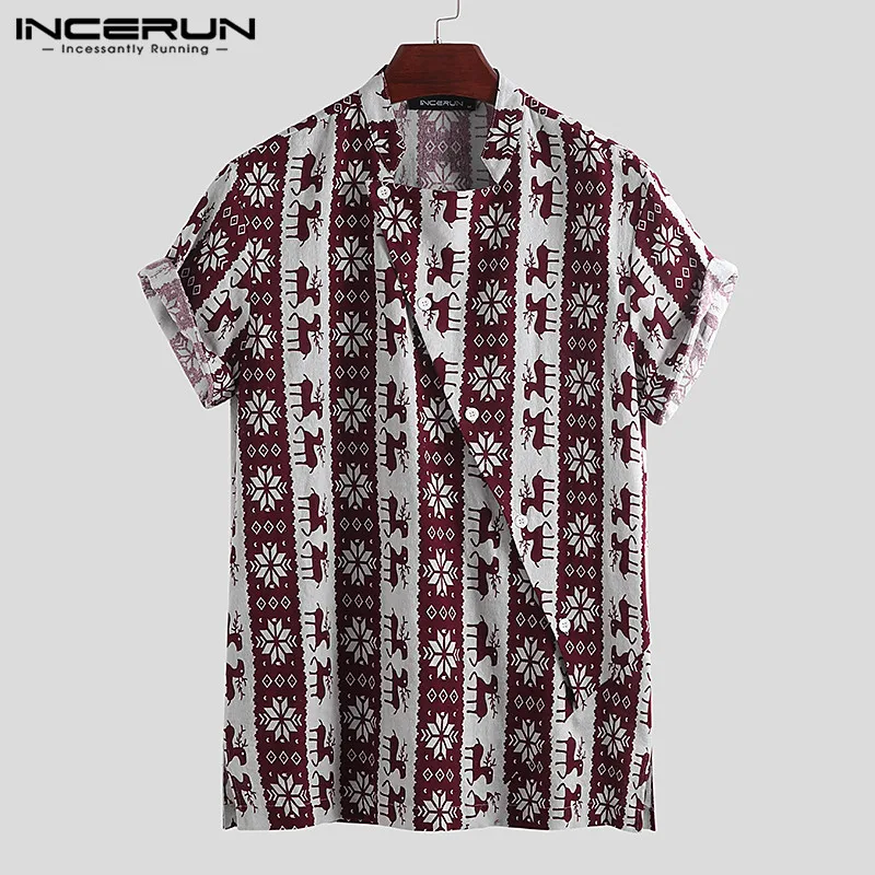 

INCERUN Mens Shirt Printing Cotton Button Up Stand Collar Loose Short Sleeve Tops Camisa Masculina Vintage Brand Shirts Men 2019
