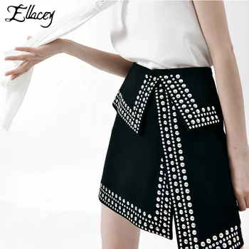 

Ellacey Punk Fashion Woman Skirts Rivet Beading Mini Women's Skirt Asymmetric Split Harajuku A-line Black Pencil Skirt