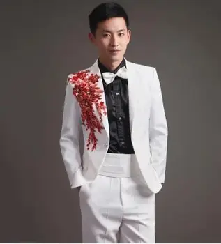 

Singer dance stage flower clothing for men suit set with pants 2020 mens wedding suits costume groom formal dress white black