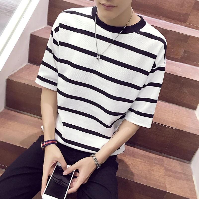 

Man T Shirt Summer New Men's Striped Short-sleeved T-shirt Loose Casual Fashion Wild College Wind Personality Street Clothing