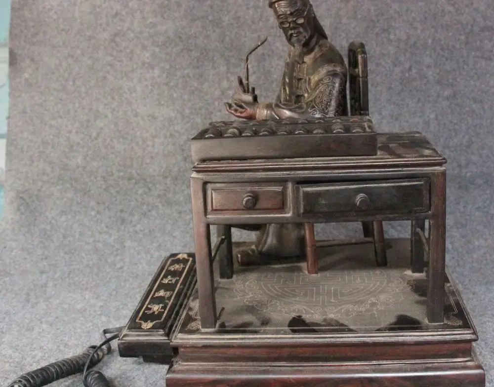 

13" Chinese Dalbergia Rosewood Wood Old Rich Man Table Phone Telephone Statue