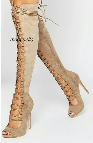 Stylish Camel Suede Peep Toe Keen High Boots Fancy Cross Strap Stiletto Heel Gladiator Sandals High Heel Lace Up KeenHighBooties