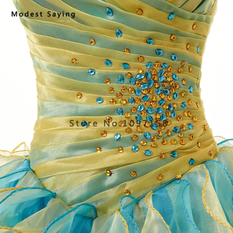 Синее и желтое Бальное Платье милое Пышное вечернее платье со складками с кристаллами г., платья для официального торжества выпускного вечера vestido 15 anos