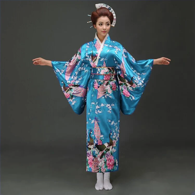 Красный Винтаж японское женское кимоно Банный халат Для женщин искусственная шелковое кимоно-юката с Оби танцевальное платье для выступлений Карнавальная одежда H0029 - Цвет: light blue 1