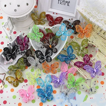 

50pcs Organza Wire mesh glitter butterfly with rhinestones artificial butterflies wedding decoration party supplies