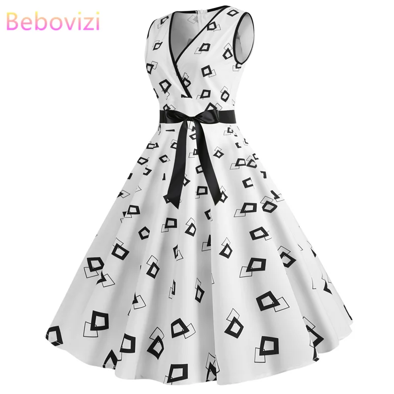 

Bebovizi 2019 Summer Fashion New Women Vintage Plus Size Bandage Dress Casual Office Elegant Irregular Shape Print White Dresses