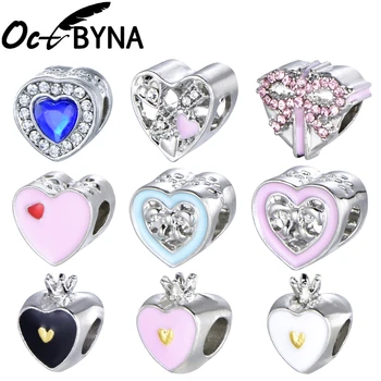 

Octbyna Enamel Heart Shaped Bow Beads Rhinestone Charms European Fits Pandora Charm Bracelet&Necklace For Women Jewelry Making