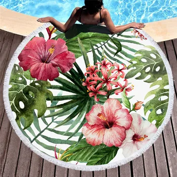 

Flowers Round Beach Towel Microfiber Leaves Bath Towel Tassels Tropical Plants Red Green White Picnic Mat toallas