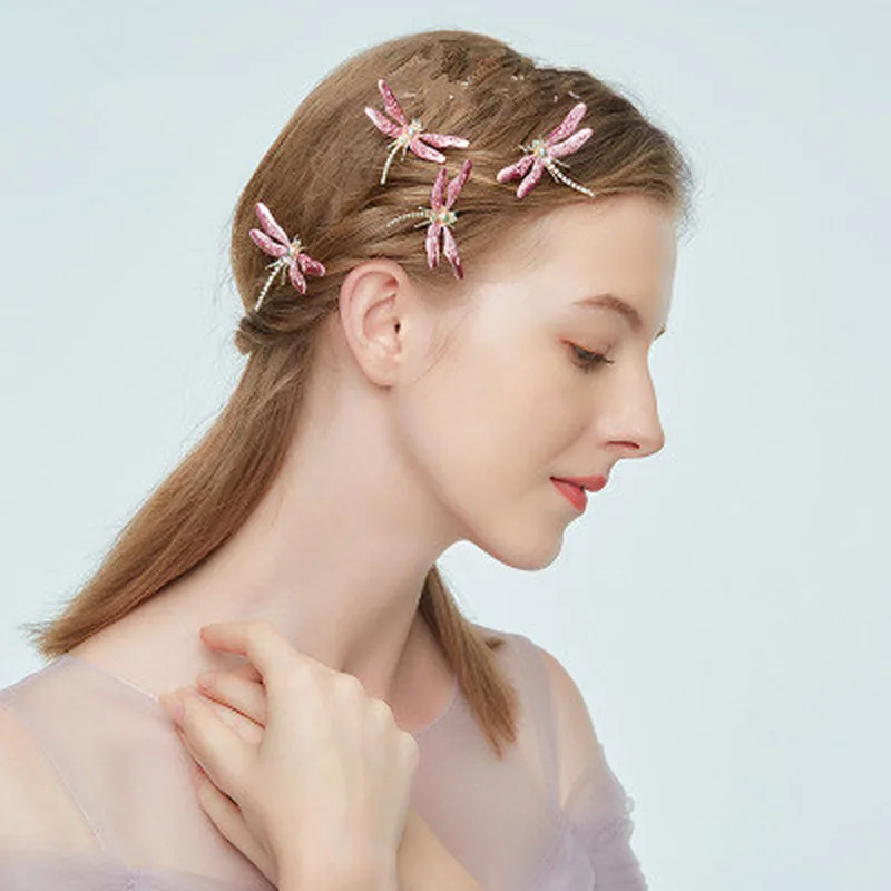 

1 Pcs Popular Crystal Dragonfly Hairpins Bridal Headdress Wedding Hair Accessories U Shaped Pink Wings Dragonfly Hair Clip