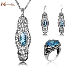 Комплекты свадебных ювелирных изделий из эфира синий кристалл горного хрусталя для женщин серебро 925 пробы из серьг кольца и кулона свадебный ювелирный набор