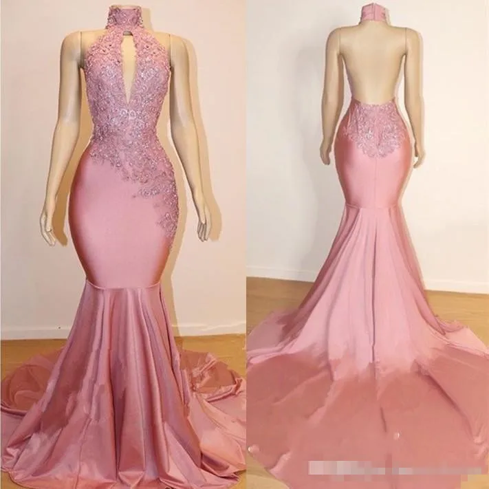 

Real Images High Neck Backless Pink Prom Dresses Lace Appliques Beads Sequins Satin Mermaid Evening Gowns Dresses Party