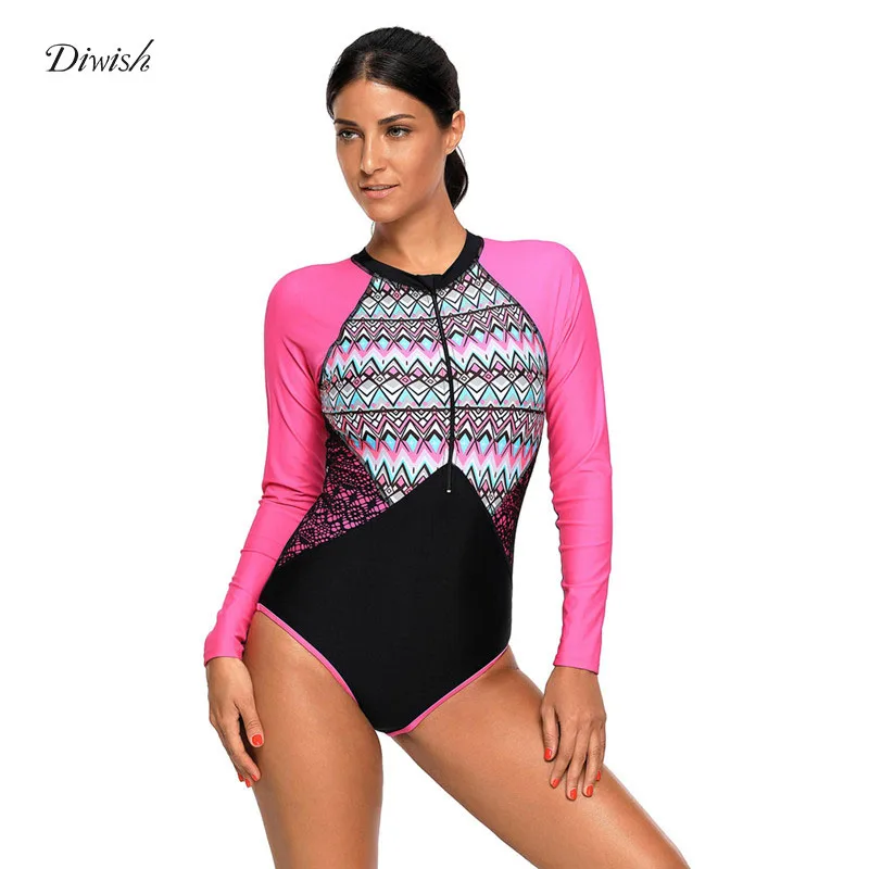 

Diwish Swimwear Women Sexy One Piece Swimsuit 2019 Geometric Print Long Sleelve Zippers Bathing Suit Bodysuit Monokini Beachwear