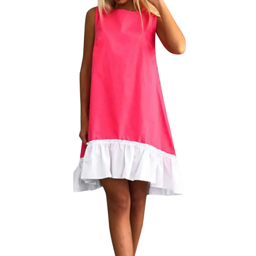 

2019 Womens Summer Women Stitching Sleeveless Suffle Mini Neck Collar Beach Casual Dress Cover-Ups Hot Sales