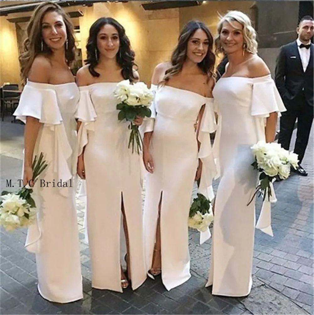 

Wonderful Long White Bridesmaid Dresses Short Sleeve Front Split Boat Neck Elastic Satin Cheap Wedding Party Dress Custom Made