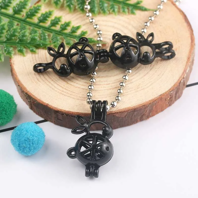 Black Animal Cute Rabbit Pearl Cage Jewelry Necklace Pendant Aromatherapy Essential Oil Disperser Box Oyster Fun Gift | Украшения и