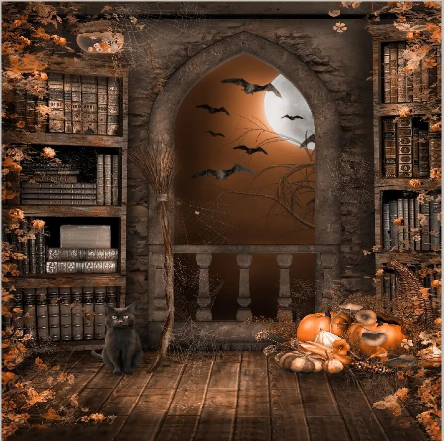 10x10FT Halloween Night Moon Bats Pumpkins Books Arch Balcony