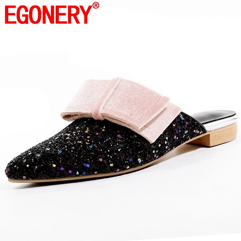 

EGONERY fashion genuine leather sheepskin insole slides woman summer sandals slippers bling cool girl outside mules flat shoes