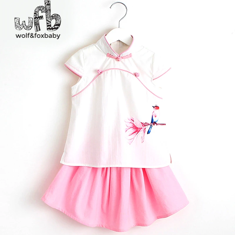

Retail 2-8 years girls cotton two-piece suits spring fall autumn summer Classical Cheongsam Pastoral Style painted