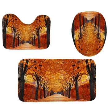 

LBER 4Pcs Home Bathroom Decor Set Bathroom Autumn Leaves Pattern Toilet Seat Cover Bath Mat Set+ Waterproof Shower Curtain