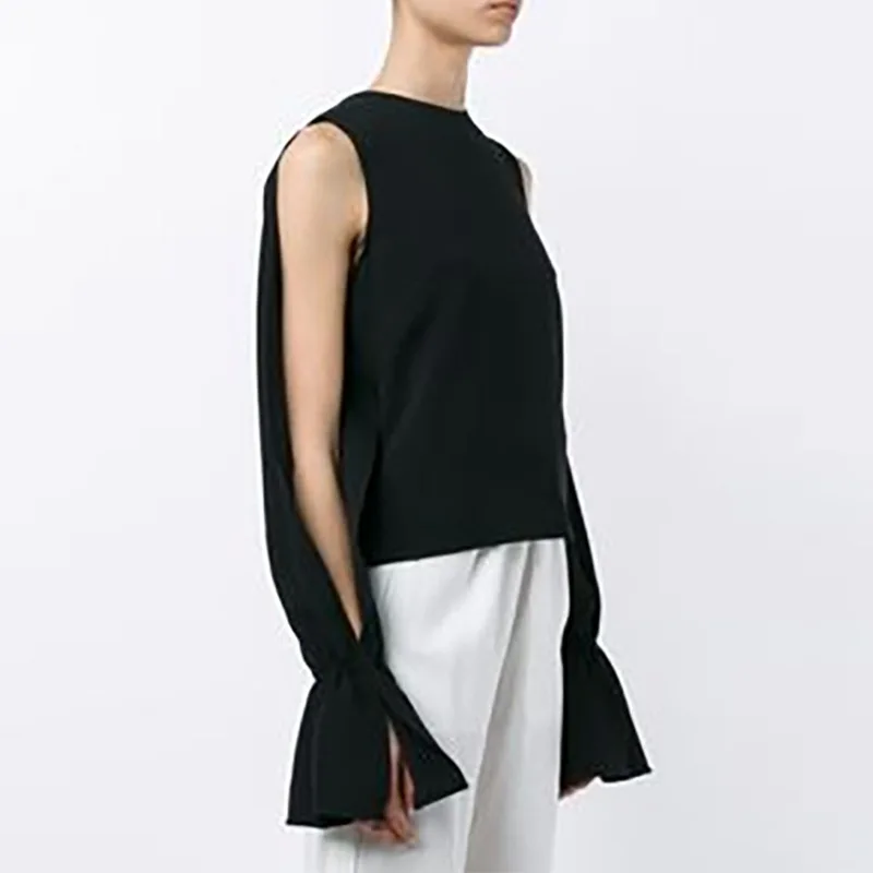 

Spring 2019 Black Composite Silk Top with Open Arms and Flared Sleeve Twill Women Blouses O-Neck Hollow Out Chiffon Women Shirt