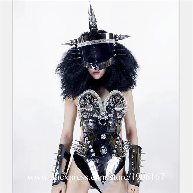  Stage show sexy rivet mirror silver clothe ballroom dance dress bra bar party ktv helmet robot performance wears costume dj02
