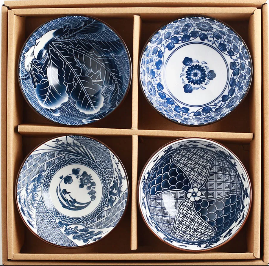 

4pcs Ceramic chinese Style Plate Dish Shell Trumpet Shell Bowl Blue White Porcelain Dinnerware bowls ceramic bowl set