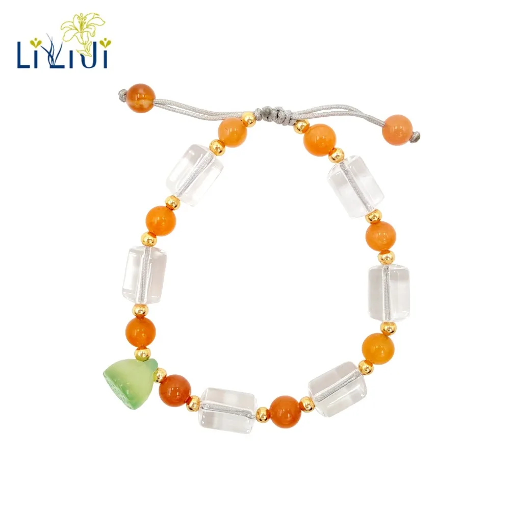 

Lii Ji Unique Natural Stone Clear Quartzs Carnelian Green Onyx Lotus Charm Fashion Bracelet