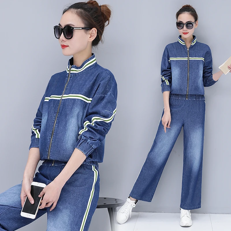 

Denim wide leg pants set women 2018 autumn new fashion ladies zipper coat and length pant two-piece set casual female big size