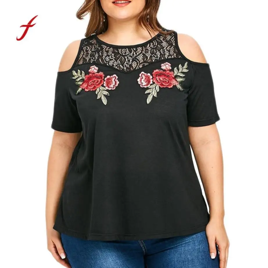 

Women Large Floral Embroidered Plus Size Lace Hollow Splice Patchwork Off Shoulder T-shirt Tops Female Summer Top