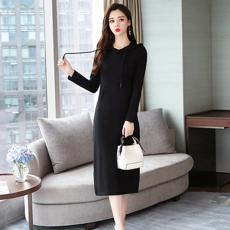 Женское повседневное однотонное платье-свитер с капюшоном и длинным рукавом, бархатные тонкие платья черного цвета F2
