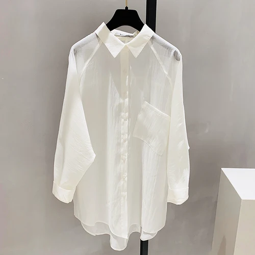 white Blusas блузка, женские рубашки весна лето, отложной воротник, шифон, однотонный рукав «летучая мышь», длинный однобортный - Цвет: white