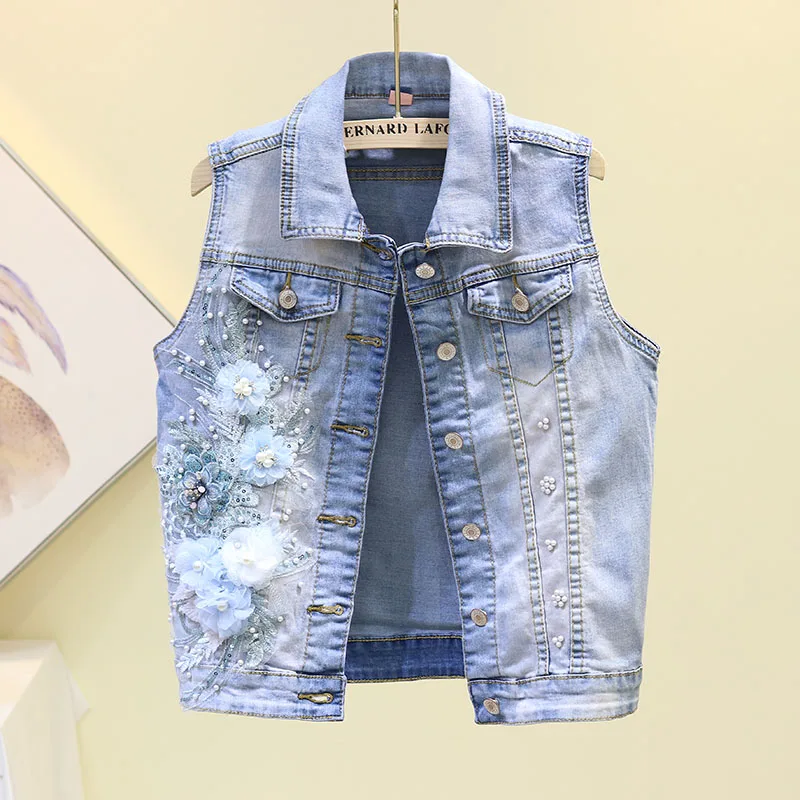 

2019 Jacket Women Ripped Denim Coat Women Jacket Sleeveless Floral Cool Sequin Jeans jacket Women's Jean Coat Cool Outwear