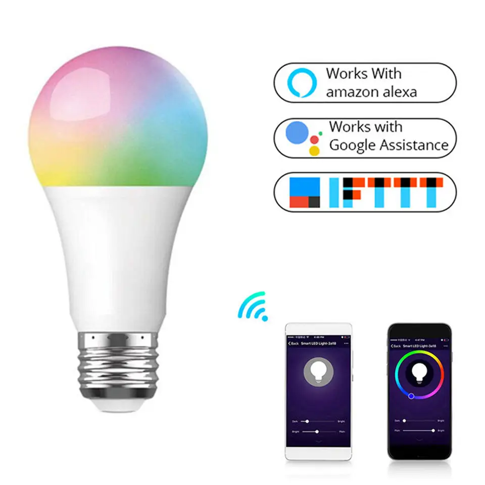 Умная лампа с Wi-Fi, умный цветной светодиодный светильник, 10 Вт, E27, RGBW, беспроводной пульт дистанционного голосового управления, работает с Alexa Google Assistant IFTTT