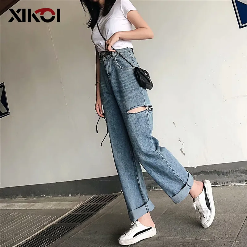 

XIKOI Loose Vintage Woman Jeans 2019 Spring Autumn Girls Long Trousers Denim Hole Wide Leg Pants Oversize High Waist Jean