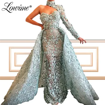 

Illusion Lace One Shoulder Evening Dresses Sexy Long Sleeve Party Gown 2019 Custom Made Arabic Mermaid Prom Dress Robe De Doiree