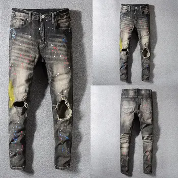 

Top Quality Fashion Skinny Jeans Stretch Casual Pants New Designer Classical Jeans Men Hole Hip Hop Elastic Printed Men Jeans