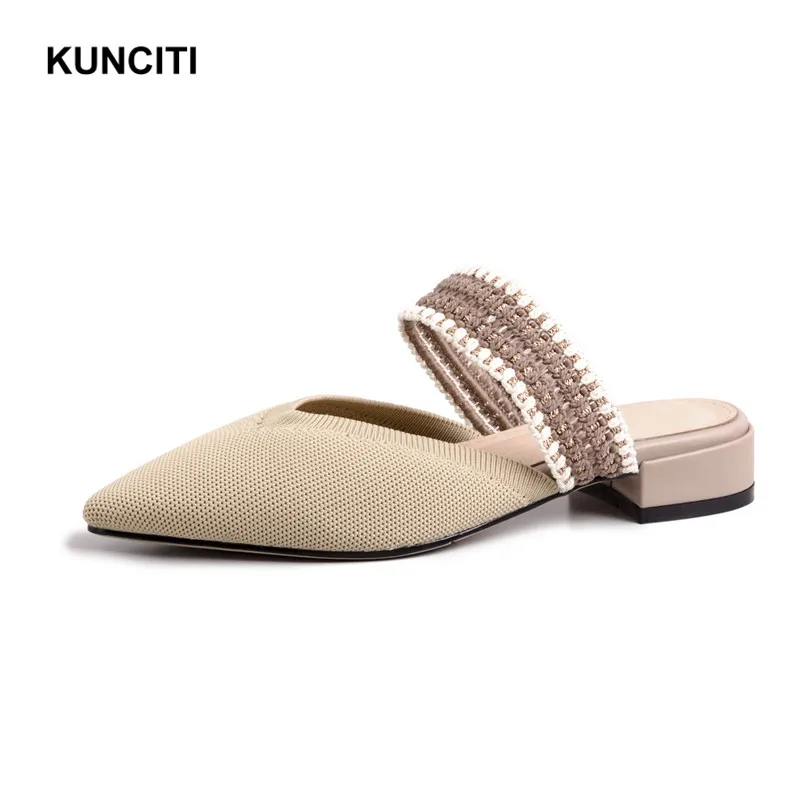 

2019 KUNCITI Fashion Summer Pointy Toe Knitting Stretch Fabric Sexy Women Slippers Low Heel Woman Slides Mule High Quality T9128