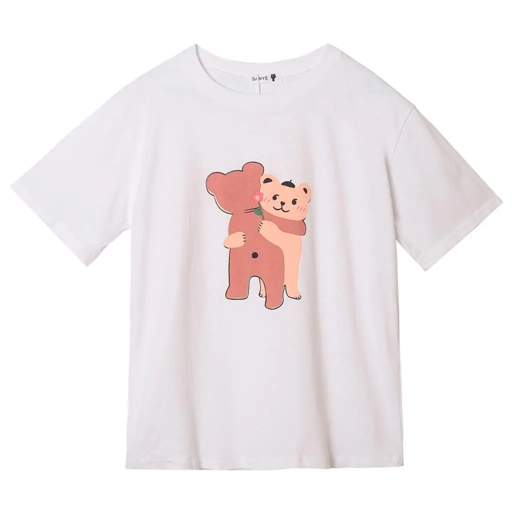 

Summer New Design Korean Fashion Sweet Girl's T-shirt Hug Bear Print Women White Tshirt Short Sleeve Loose Tee Shirt Tops