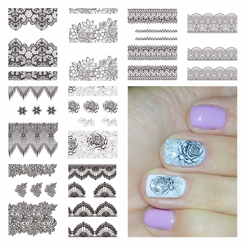 

WUF 1 Sheet Optional Black Lace Flower Designs Nail Art Water Decals Transfer Sticker For Nails