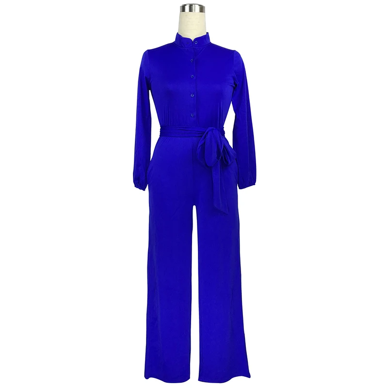 Женские широкие брюки с поясом, комбинезон, элегантные комбинезоны для офисных леди, вечерние женские комбинезоны с длинным рукавом размера плюс, d jum - Цвет: Синий