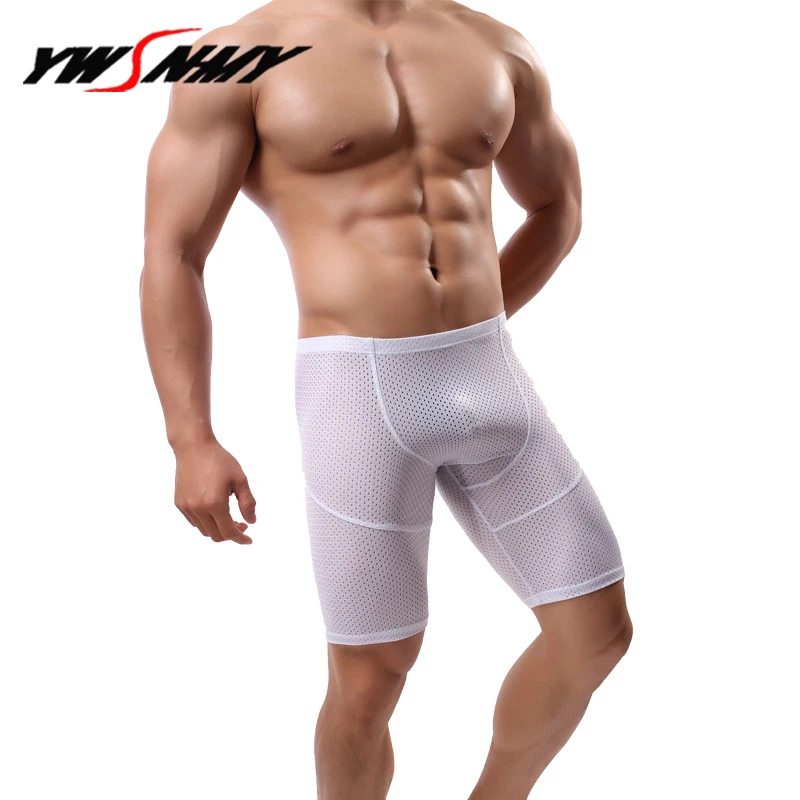

Mens Long Boxer Shorts Breathable Mesh Sexy Hollow Half-length Boxers Cotton Long Leg Underpants Sculpting Slip Panties 1pcs