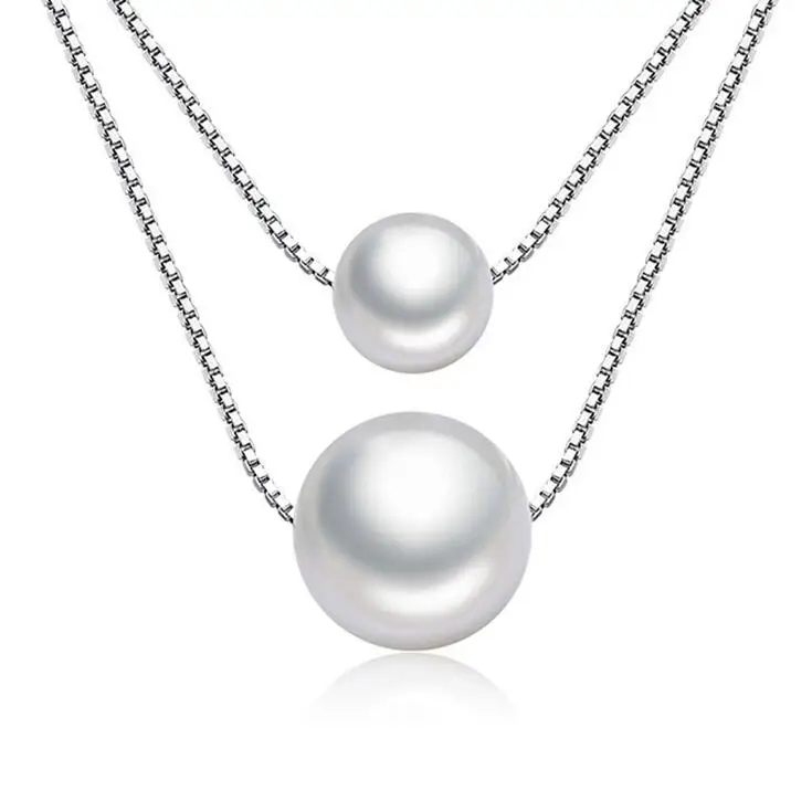 

High quality fashion imitation two pearl (8+10mm) women 925 sterling silver ladies`pendant necklaces box chain birthday gift