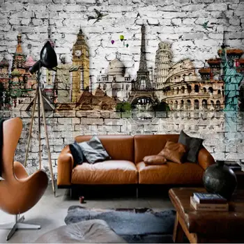 

Custom 3D Mural Wallpaper Roll Classic European Architecture Eiffel Tower, Big Ben, Statue of Liberty Brick Wall Paper Murals 3D