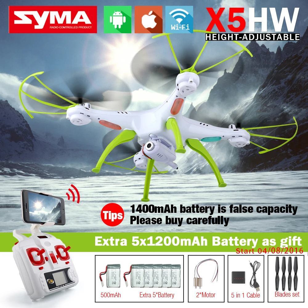 Buy Cheap SYMA X5HW FPV RC Quadcopter Drone with WIFI Camera 2.4G 6-Axis VS Syma X5SW Upgrade RC Helicopter with 6 battery + 5 in 1 Cable