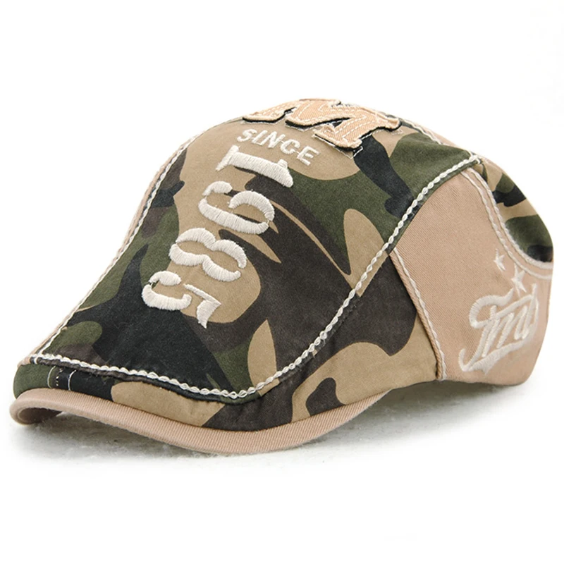 ELOS-винтажный Камуфляжный военный берет с регулируемой надписью и вышивкой для гольфа, берет с пряжкой, камуфляжные плоские шапки унисекс - Цвет: Beige